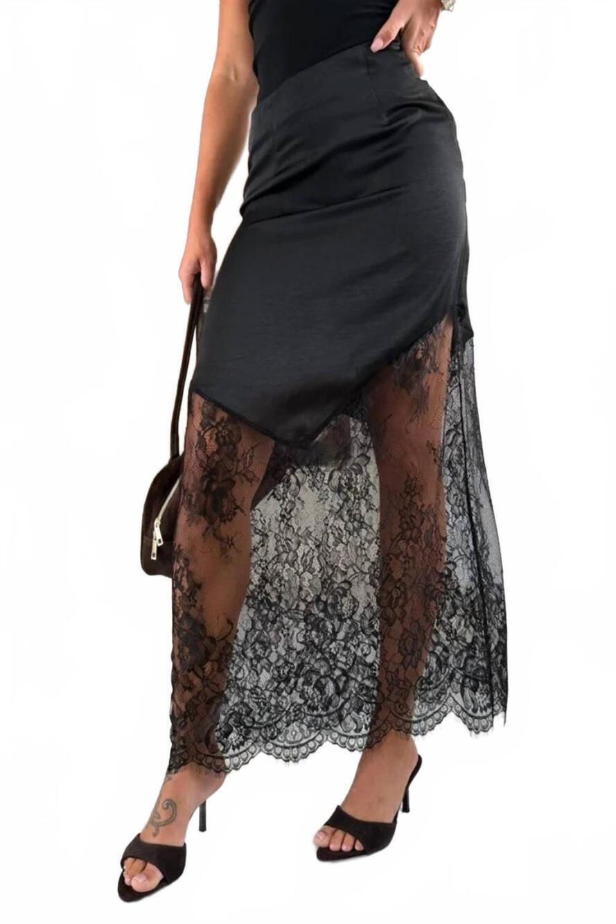 NEW ONE FASHION lace silk pencil maxi skirt in black